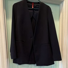 Women s Navy Collarless Blazer Jacket Size M Button Closure Pockets Mid-Length