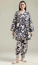 Women s 2-Piece Floral Tunic Pants Set V-Neck Long Sleeve Button Navy/Beige