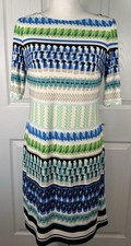 Eliza J Blue Boho Striped Shift Midi Dress ~6 Cocktail Work Gold Zipper