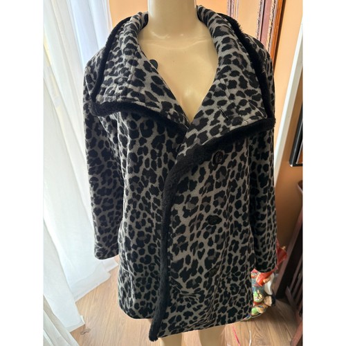 Ellen Reyes Grey Leopard Print Fleece Pea Coat Faux Fur Trim Jacket Women