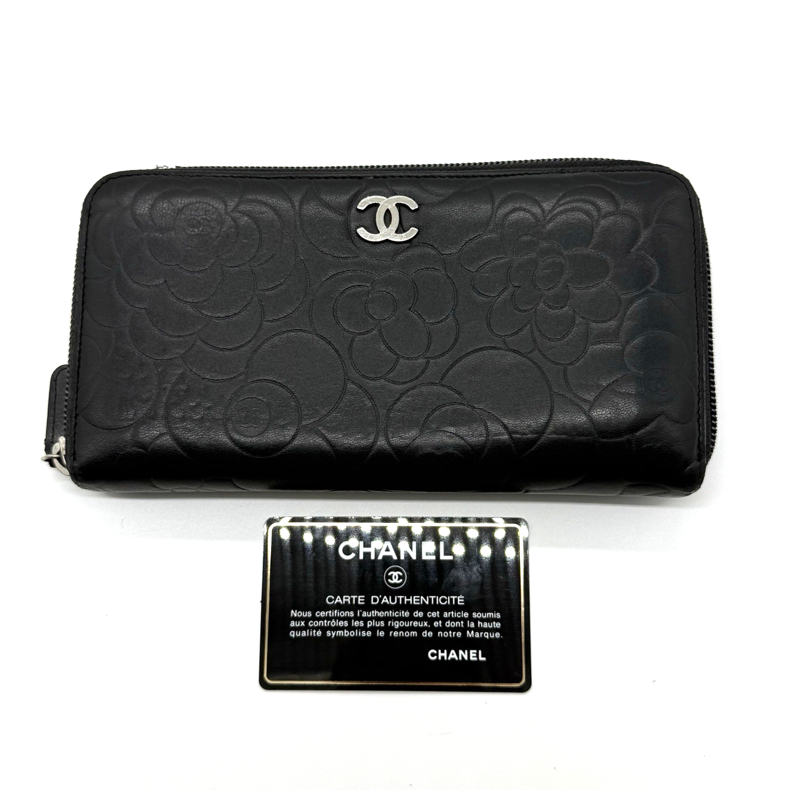 CHANEL Camellia Long wallet Zip Around CC Coco Lambskin Leather Black Authentic