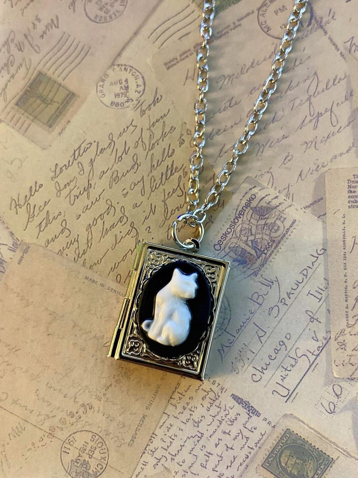 Black & White Cat Cameo Book Locket Necklace Feline Photo Keepsake Pendant