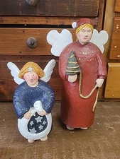 Vtg 90s Folk Art Style Primative Angels 1 Wood 1 Resin Limited Edition Christmas