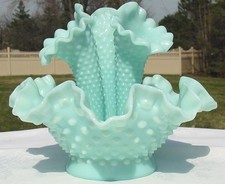 Vtg Fenton Green Pastel Jade Milk Glass Hobnail Epergne 3 Horn Ruffle Vase Dish