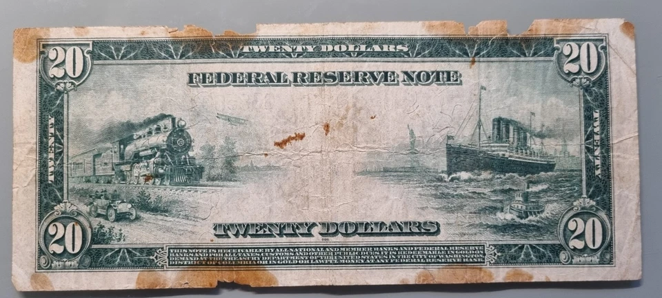 1914 Twenty Dollar Federal Reserve Note $20 Large Size Heavily Circulated #96242 - Image 2 of 2