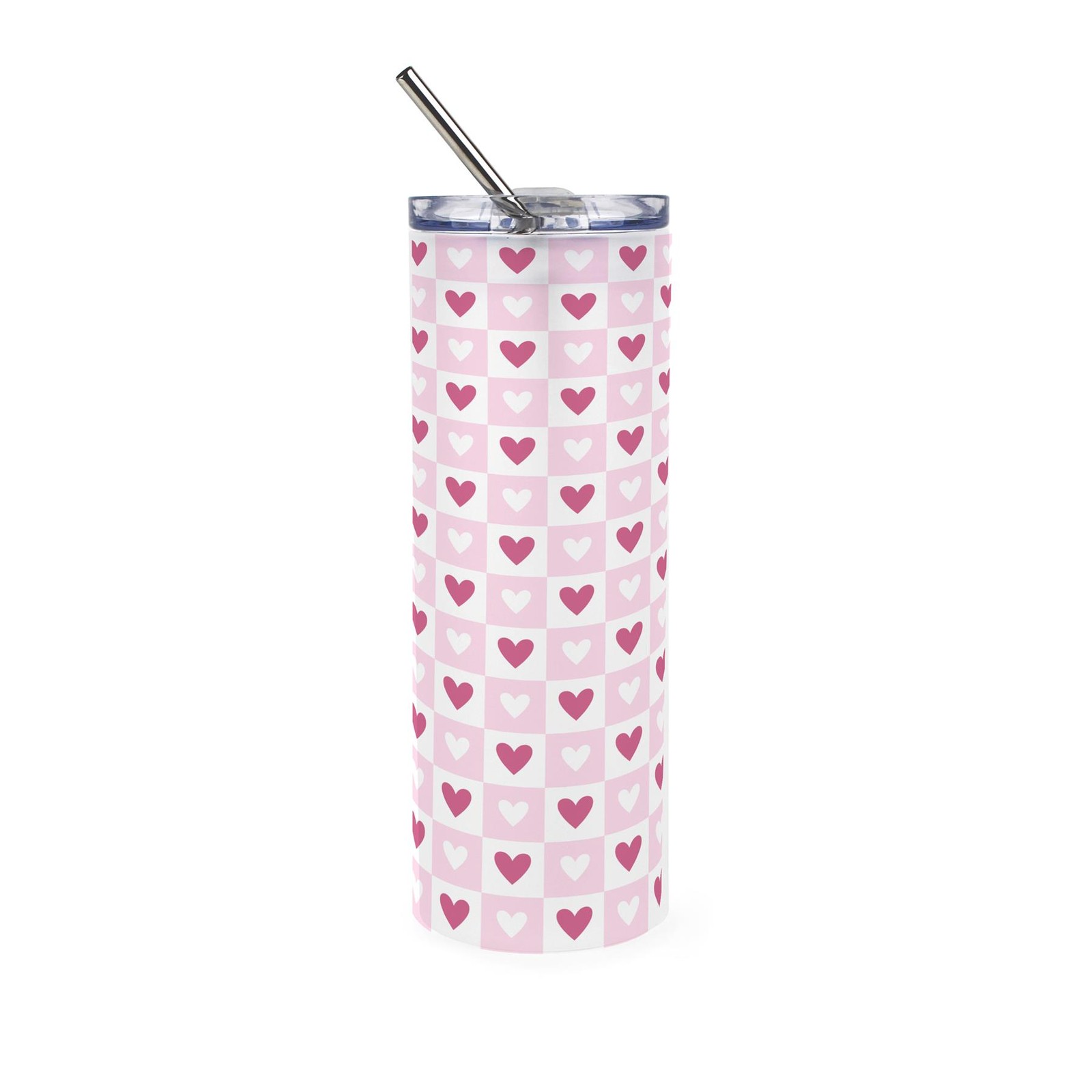 Light Chequered Hearts Glass Travel Flask - Reusable Frosted Drink Cup Gift
