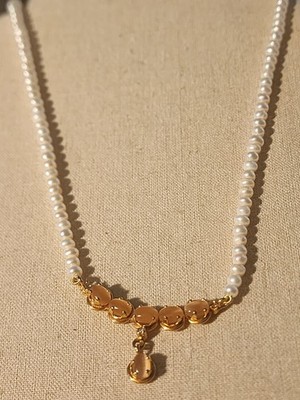 Freshwater Pearl Necklace Cat Eye Peach Colored Bezel Setting Drop