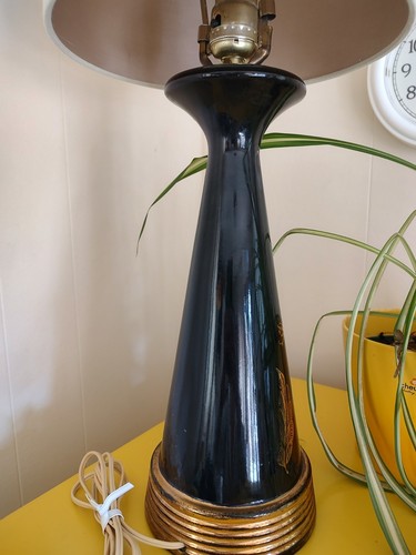 Vintage Sexy Atomic Black Gold Table Lamp Gold Feather Pattern Fast Shipping - Picture 4 of 10