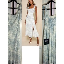 Lulus Summer Invite White Blue Toile Tie-Strap Tiered Midi Dress Size Large New