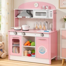 VEVOR Play Kitchen for Kids Wooden Kitchen Playset Toy for Ages 3-8 3 Set Pink