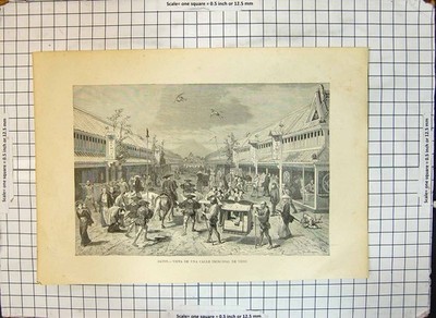 Original alter antiker Druck Japan Ansicht Hauptstraße Yedo Händler