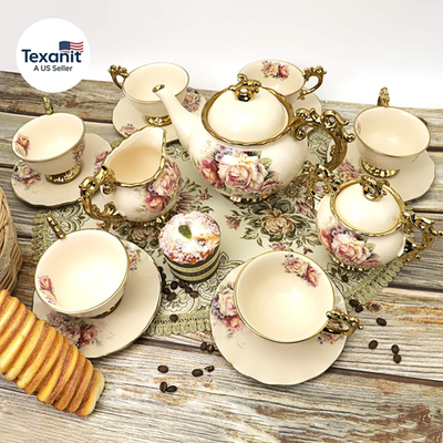食器  tea set 15 Pieces British Porcelain Tea Set, Floral Vintage China Coffee