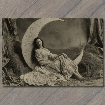 POSTCARD Victorian Woman Crescent Moon Night Dreamlike Portrait