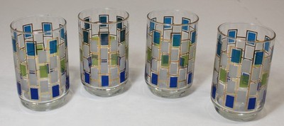 4 VINTAGE MCM Libby Nordic Glasses Blue Green White 4.5'' Retro Drink Tumblers