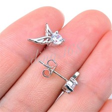 925 Sterling Silver Hypo-allergenic Angel Wing Round Crystal Stud Earrings H1263