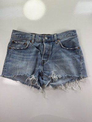 Levis 501 Shorts W27 Blue Denim light wash High Rise Button Fly Frayed Hem