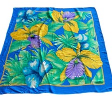 Oscar de la Renta Vintage Silk Scarf Blue Floral Tropical Orchid Made in Japan