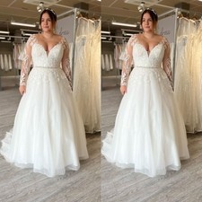Plus Size Elegant Wedding Dresses V Neck Lace Long Sleeves Bridal Gowns UK26