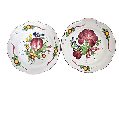 Vintage Les Islettes 2 pc Hand Painted Ceramic Floral French Country Plates 8.5''