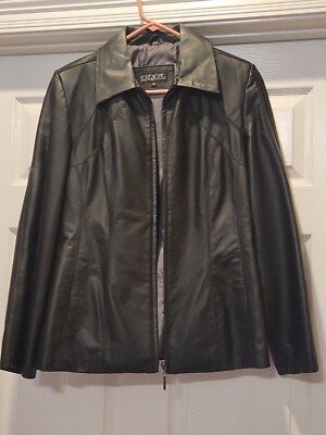 Mens Collezion Black Leather Motorcycle Cafe Racer Jacket Large M 