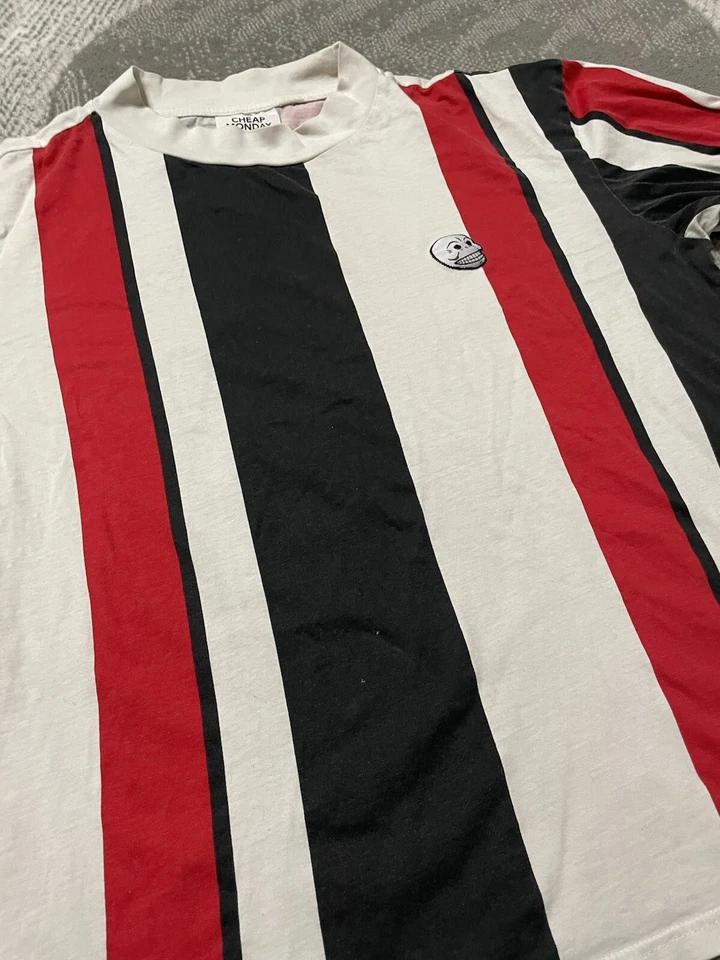 Cheap Monday Skull Mens White Red & Black Striped Round Neck Long Sleeve Shirt M - Image 3 of 4