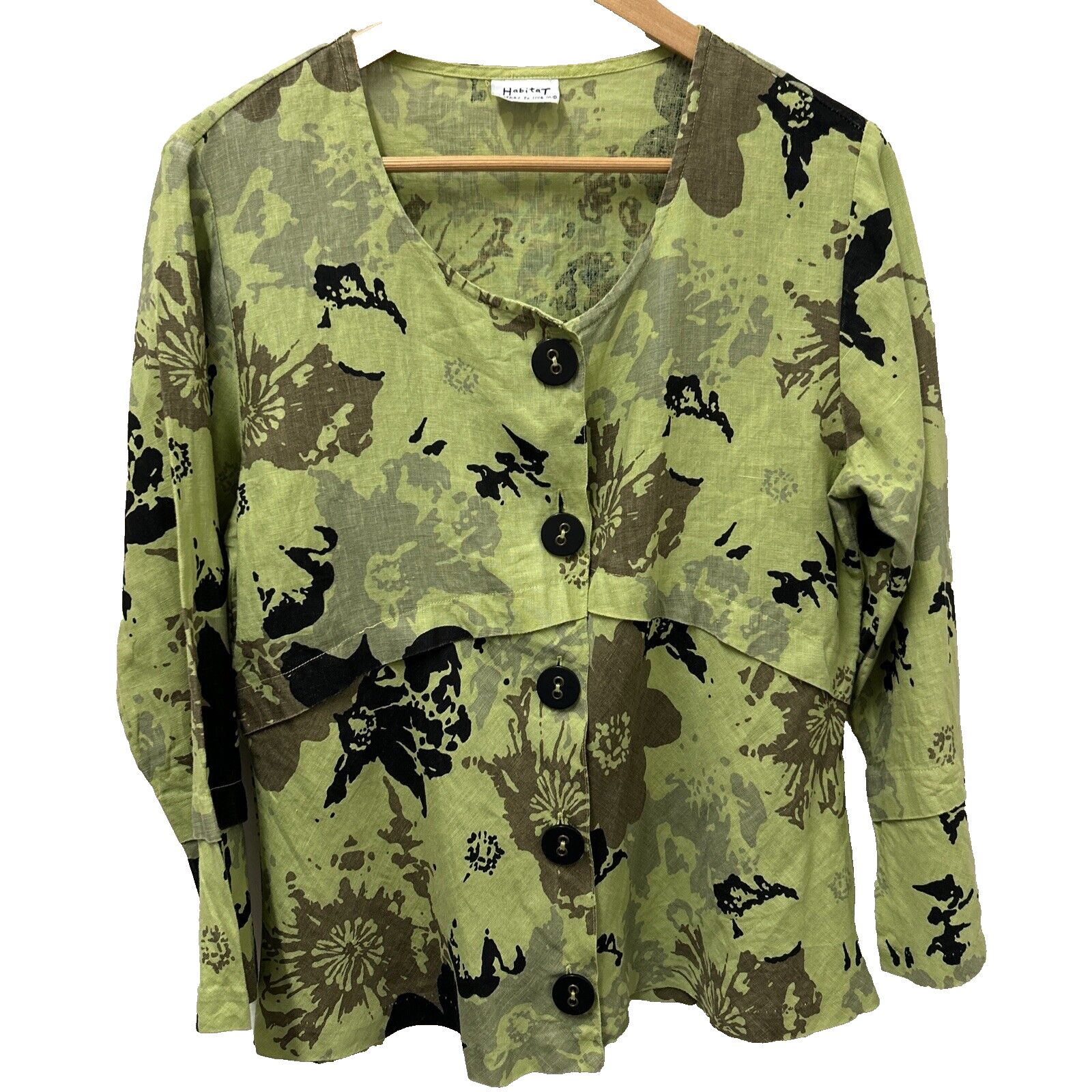 Habitat Womens Tunic Blouse S Green Linen Lagenlook Floral Button Front Boho