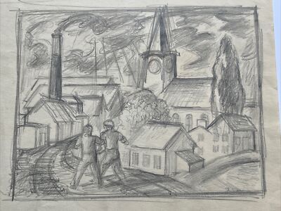 MID CENTURY DRAWING FAMOUS JO CAIN PAINTING Antique Wpa REGIONALISM Industrial
