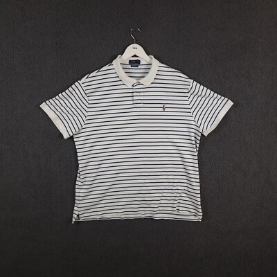 POLO RALPH LAUREN Polo Shirt Mens 2XL White Striped Soft Touch Custom Slim  Fit UK