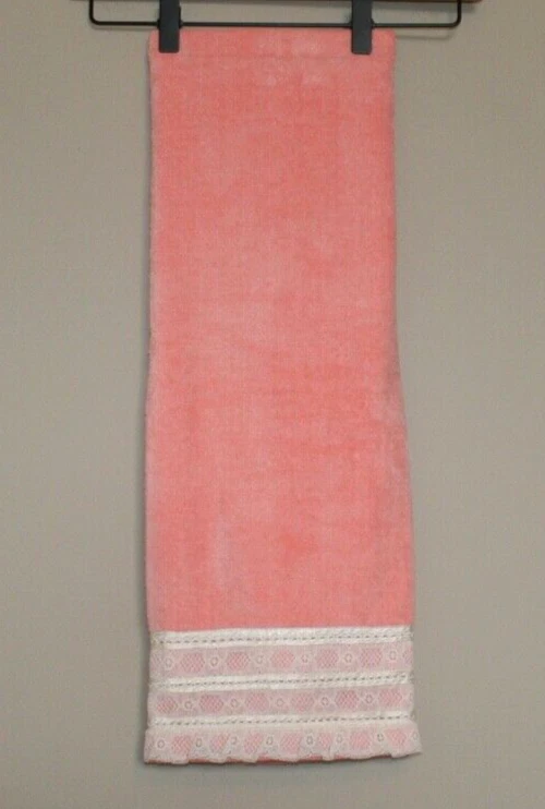 Juego de toallas de baño vintage Martex melocotón naranja encaje mezcla de algodón años 80 90 par con volantes Foto 3 de 4