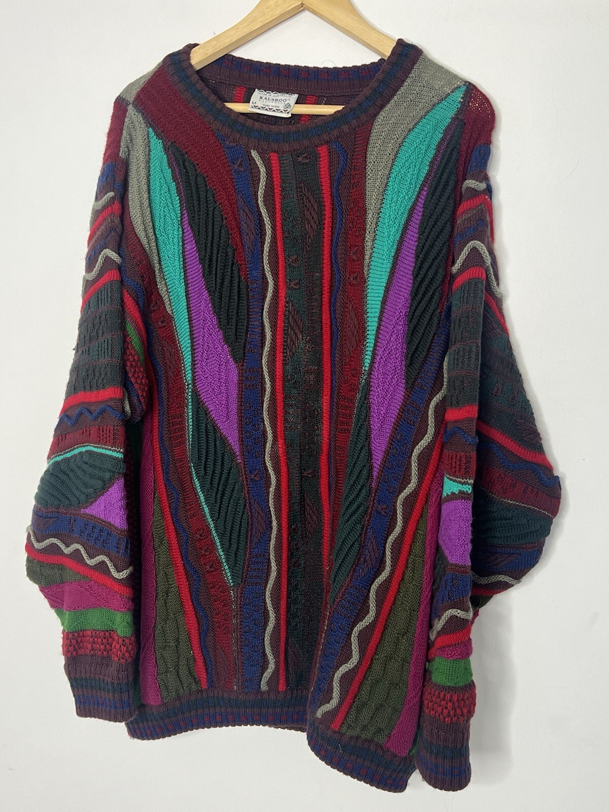 Pull Vintage Kalaroo Pure Laine - Style Coogi Tricot 3D - Taille M - Fabriqué En Australie