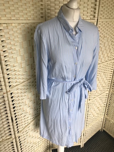 Size 38 10 12 H&M Light Blue White Striped Tie-Belt Shirt Dress Beach Cover Up - Picture 6 of 9