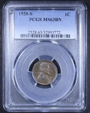 1920-S Lincoln Wheat Cent - 1c PCGS MS63 BN - Brown - Toned!