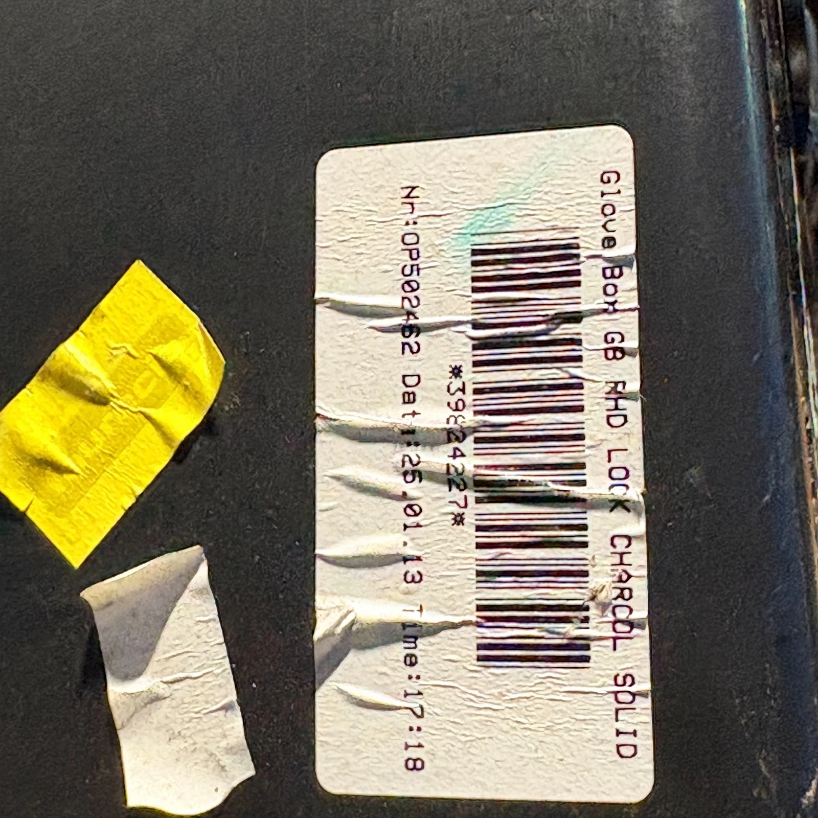 Volvo V40 glove box identification label 39824227 RHD lock charcoal solid