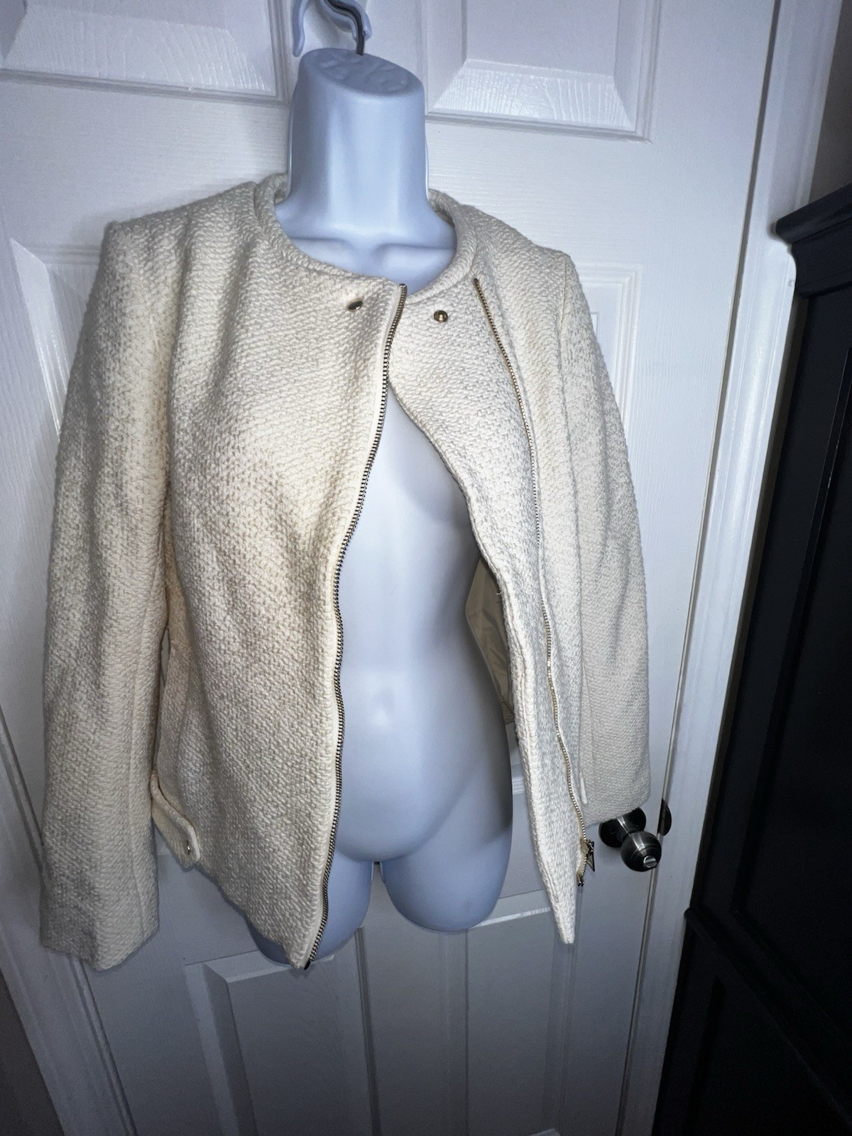 H&M Women’s US 4 Cream Cotton Tweed Zip Moto Biker Jacket Blazer Career EUR 34 thumbnail 14