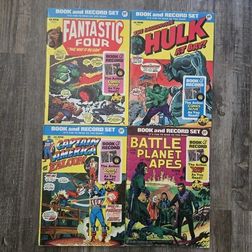 VTG Lot Of 4 Marvel Book And Record Hulk Fantastic Four Captian America comics