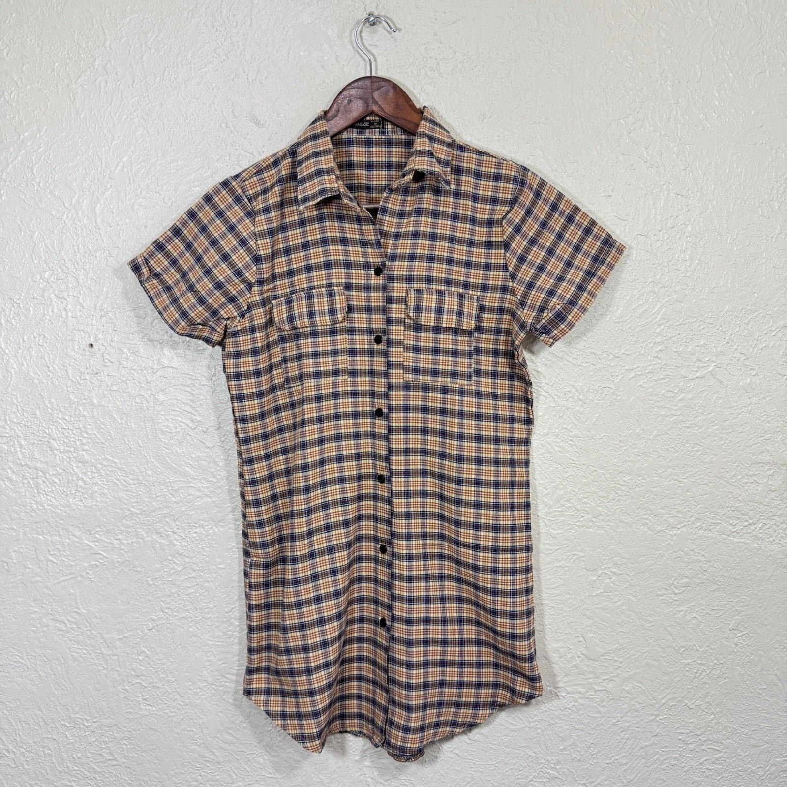True Vintage Zara Shirt Dress XS Plaid 60s 70s Button Brown Tan Navy Academia