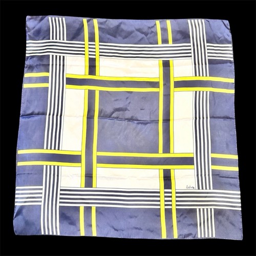 Vintage ECHO Geometric Square Scarf Navy Blue Yellow White Abstract Striped 23"