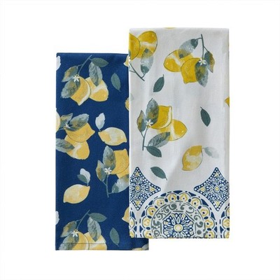 Lemon Medallion Dish Towel 2 Pack Green Kitchen Decor Absorbent Cotton