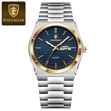 Montre Homme POEDAGAR 821 Or Bleu Quartz Acier Inoxydable Étanche Date Jour