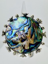 Vintage Sterling Silver Abalone Statement Ring Floral Design Size 8.5   21.8g