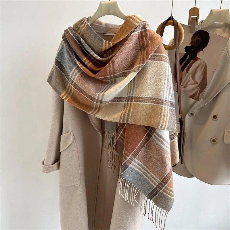 Warm Plaid Cashmere Shawl Poncho Winter Scarf Luxury Pashmina Wrap with Tassel