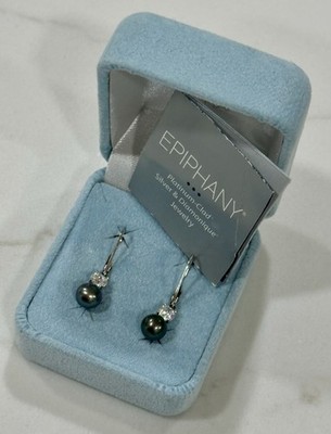 Diamonique Epiphany Ohrringe Platin plattiert Silber schwarze Perle/simulierter Diamant