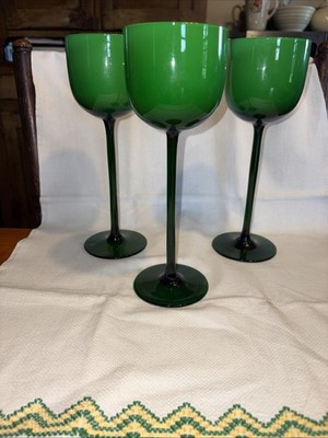 Vintage 3 Carlo Moretti Emerald Green White Cased Wine Glass Long Stem 9 1/2 