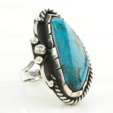 Southwest Turquoise Rope Detail Sterling Silver Ring Size 8