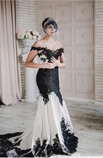 Victorian Gothic Punk WeddingDress One Shoulder Black/White Corset Tight Mermaid