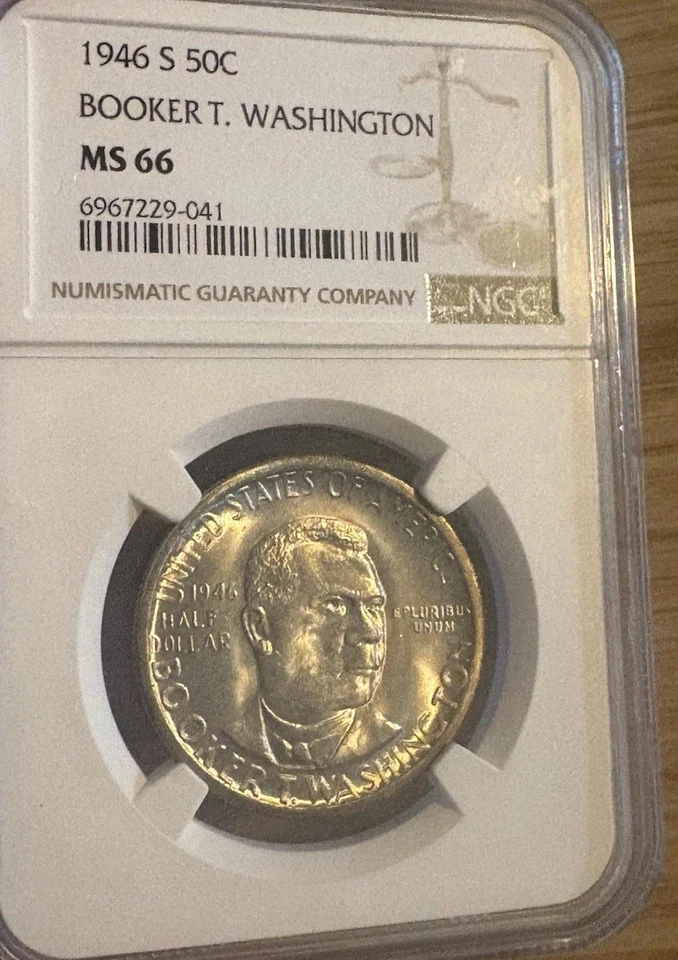 1946 S Gold toner Booker T Washington NGC MS66 Gold tones around rim of coin  - Image 4 of 4