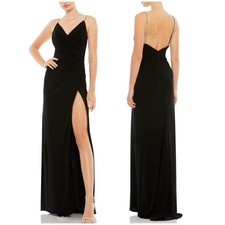 Mac Duggal NWT Black Faux Wrap V Neck Open Back Gown Rhinestone Strap Size 14