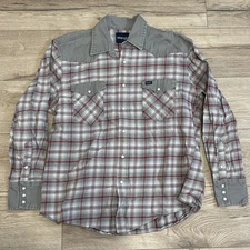 Wrangler Shirt Mens L Gray Red Plaid Pearl Snap Western Cowboy