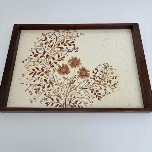 Vintage Pressed Flower Serving Tray Wood Frame Glass Top Botanical Decor
