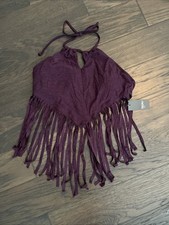 NWT Women  s Mossimo Chocolate Cherry Purple Fringed Padded Halter Tankini Top L